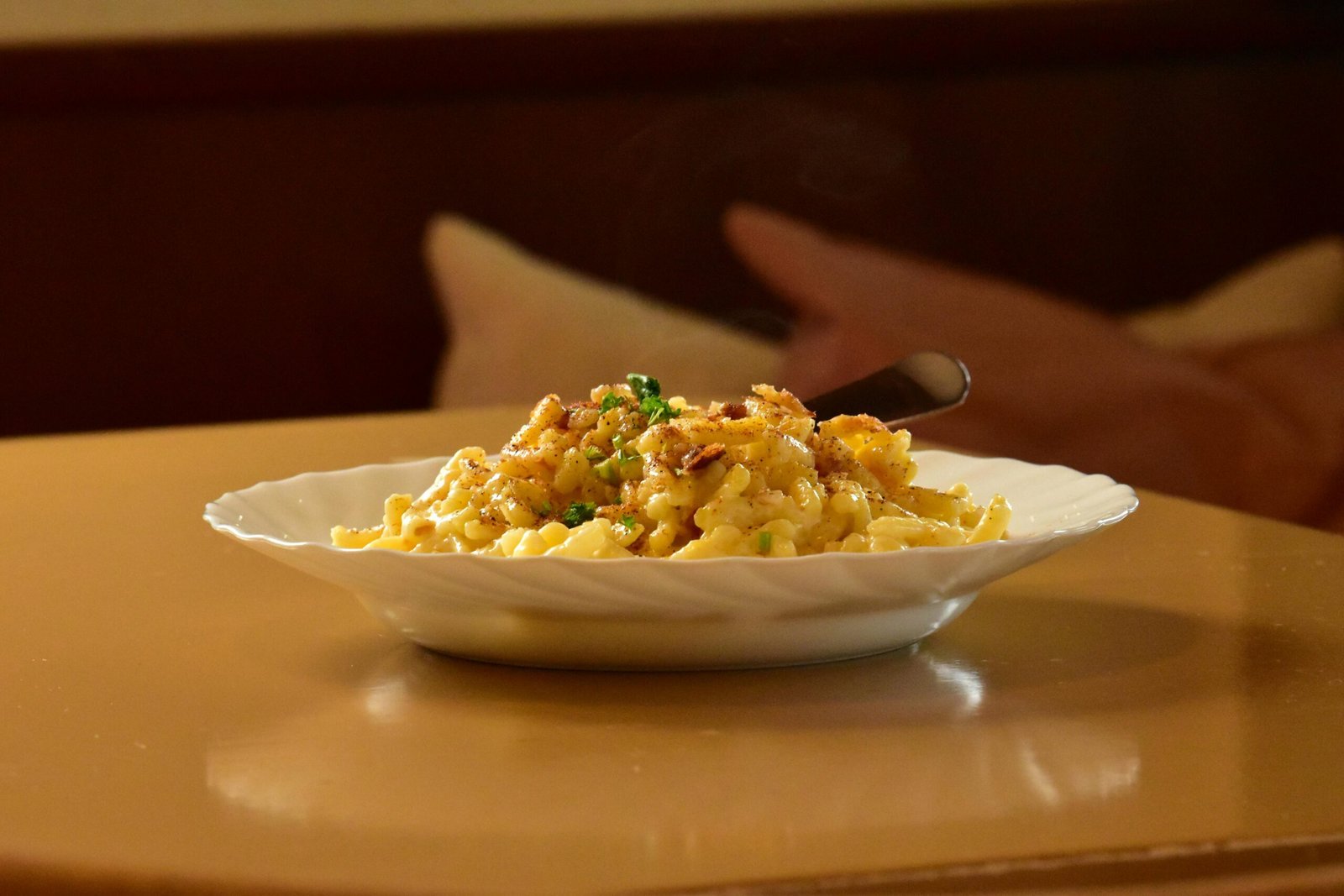 Plate of Macaroni and Cheese on Table