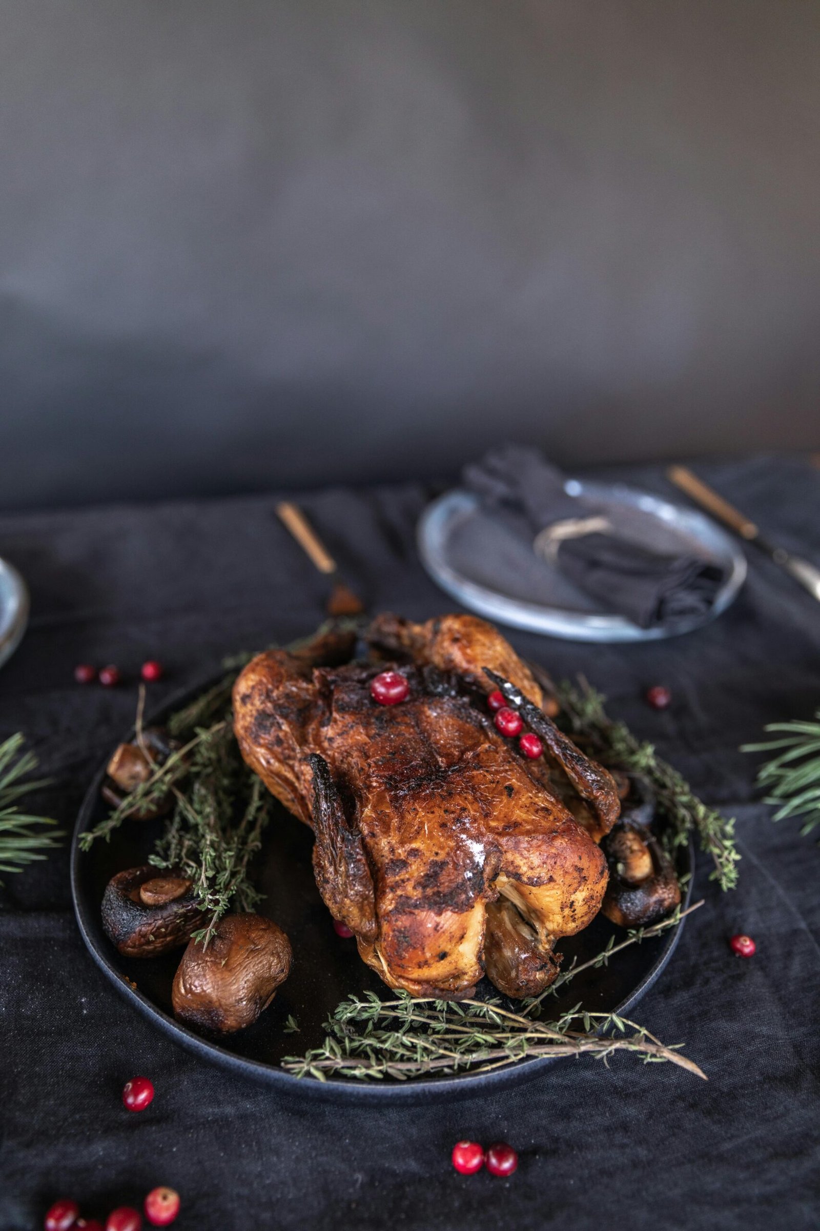 Delicious roasted turkey garnished with fresh herbs and cranberries, perfect for holiday feasts.